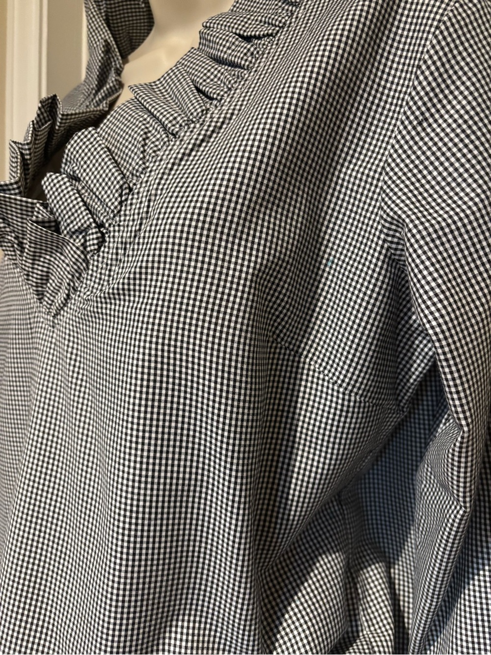 Elizabeth Wilson Designs Women's Black & White Gingham Ruffle V-Neck Blouse - Picture 4 of 7